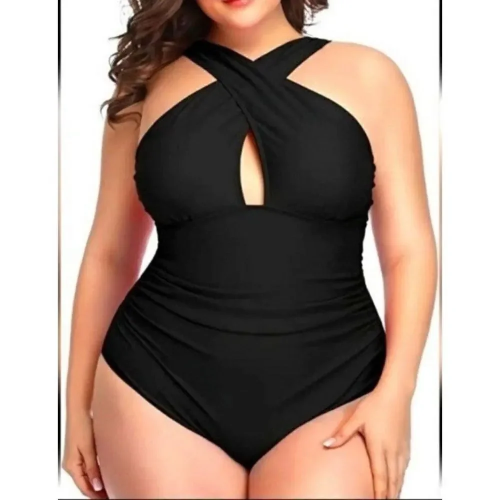 Ladies plus size Criss Cross Neck Cut Out One Piece Swimsuit sz 2X